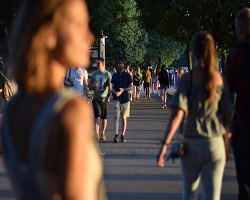 A person taking a walk in an urban park